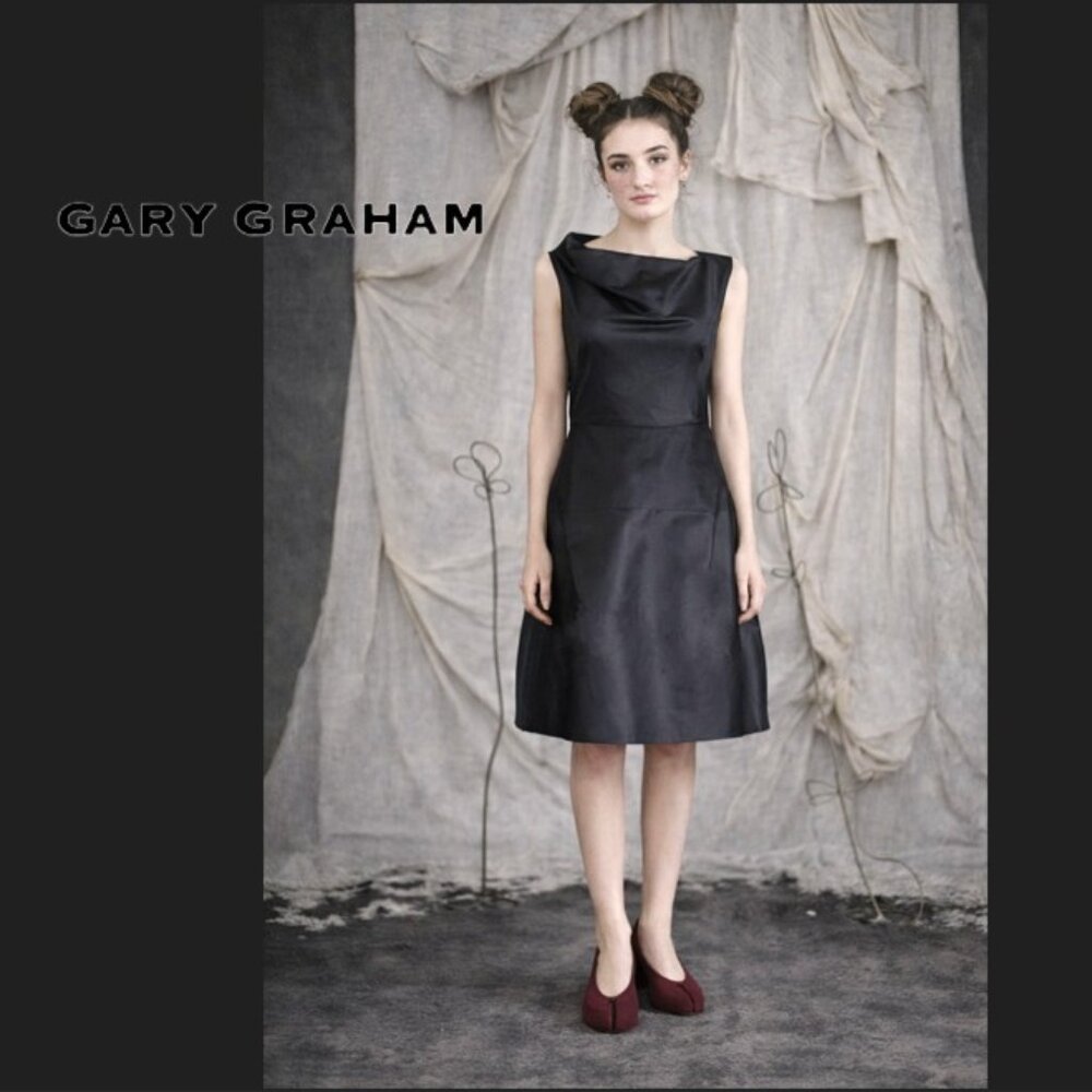 Gary Graham Black 100% Silk Asymmetric Draped Dress Bell Skirt Sleeveless SZ 2